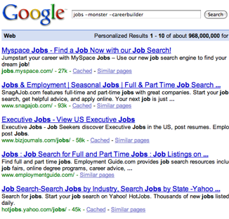 Search for jobs minus monster and careerbuilder