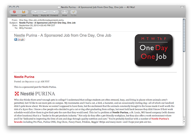 One Day One Job Sponsored E-mail